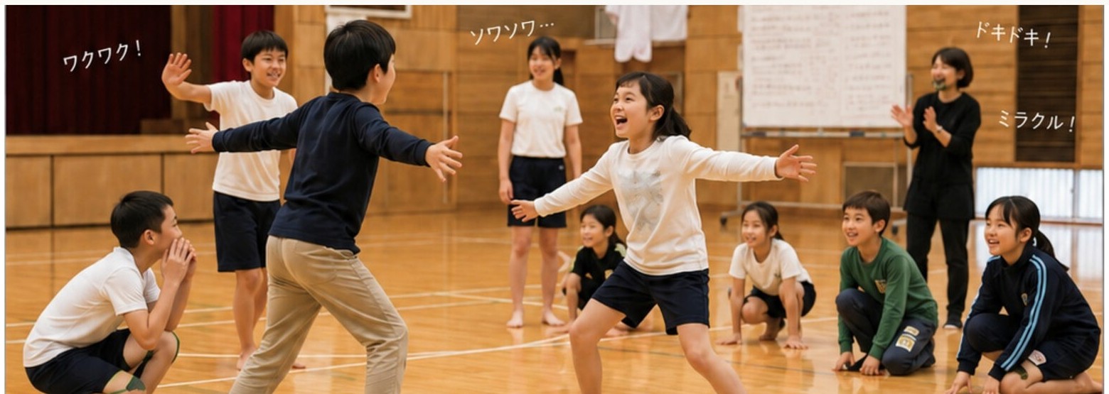 学校でシアターインプロに取り組む子どもたち